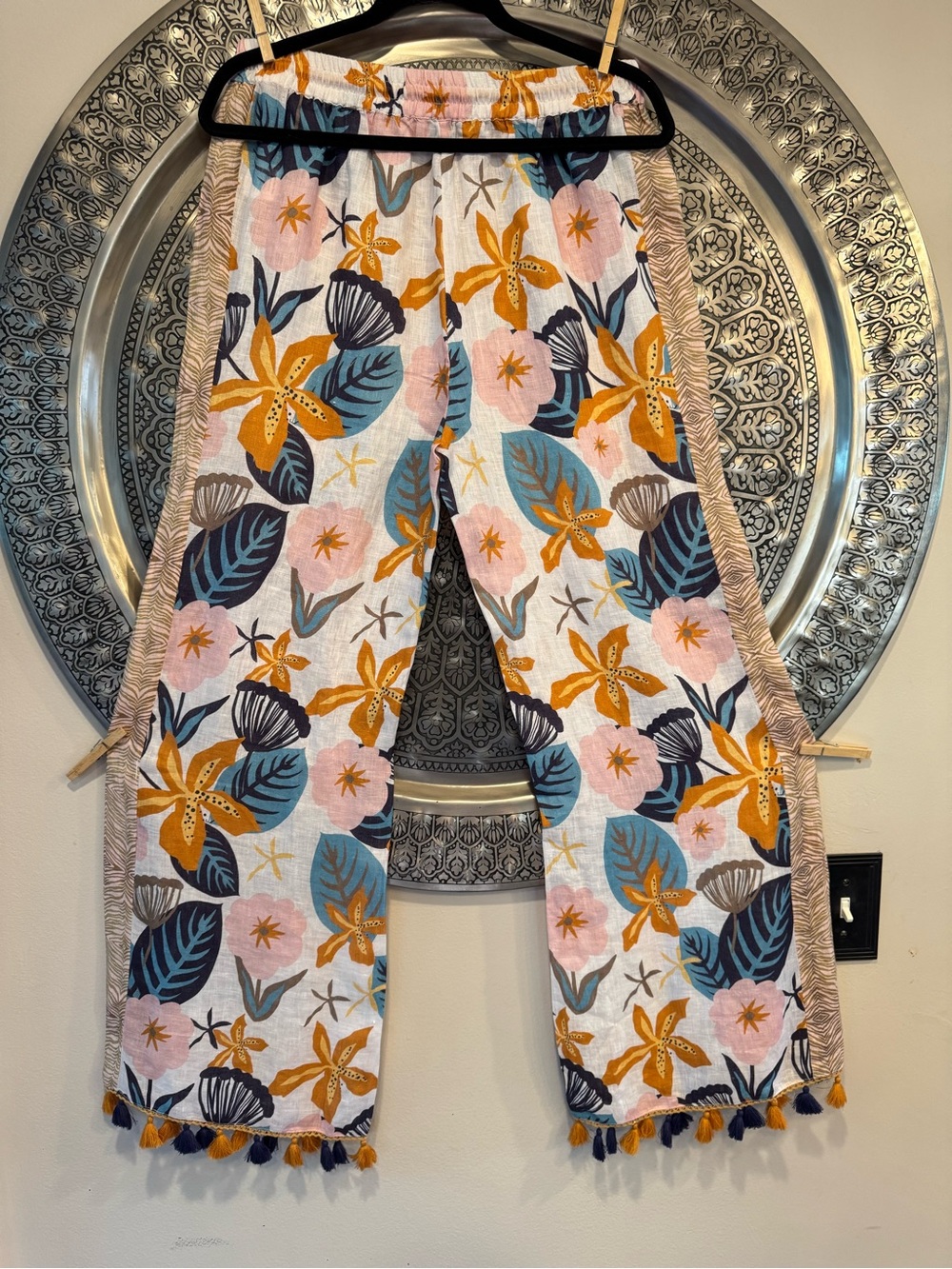 Rinku Linen Floral Wide-Leg Pants White, Pink, Mustard, Teal XL NWT - Picture 3 of 10